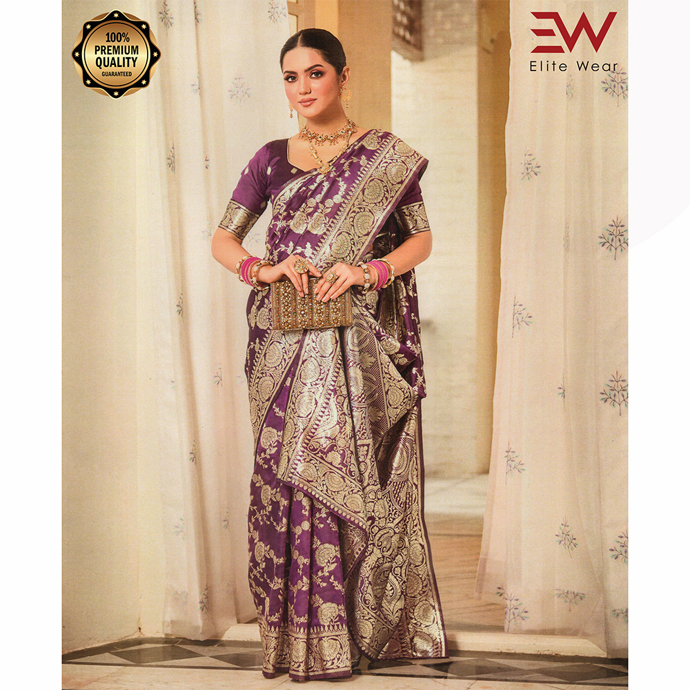 Gujrati Pure Handloom Katan Saree with Blouse Piece for Women - Deep Purple - A-642 D