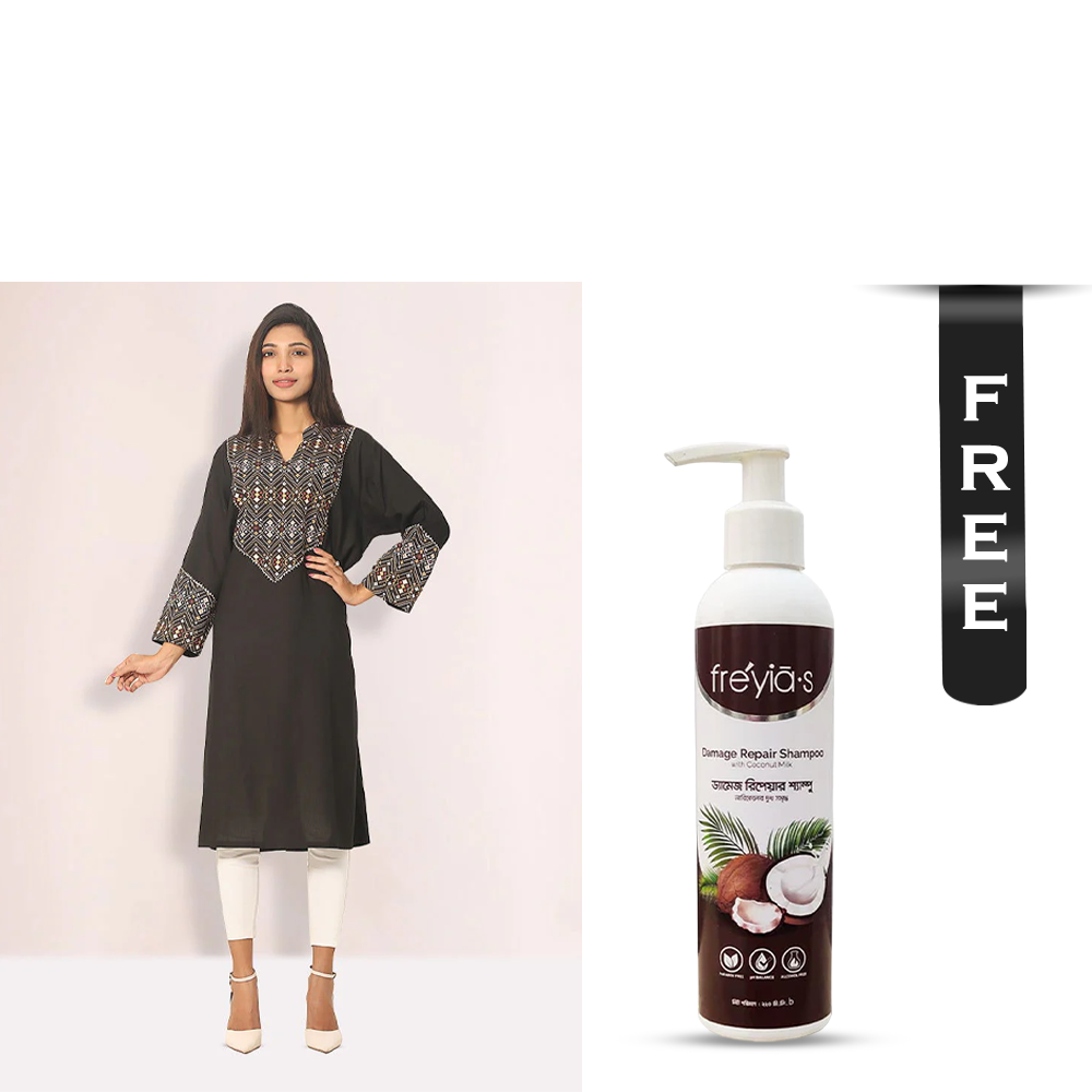 Buy Showstopper Straight Cotton Kurti for Women - 0723 000166 - Black and Get Freyias Damage Repair Shampoo with Coconut Milk - 220ml Free