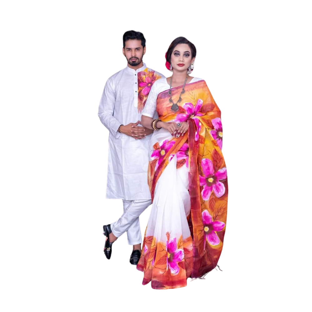 Cotton Silk Saree and Dhupian Cotton Panjabi Couple Dress - Pink & White - SC48
