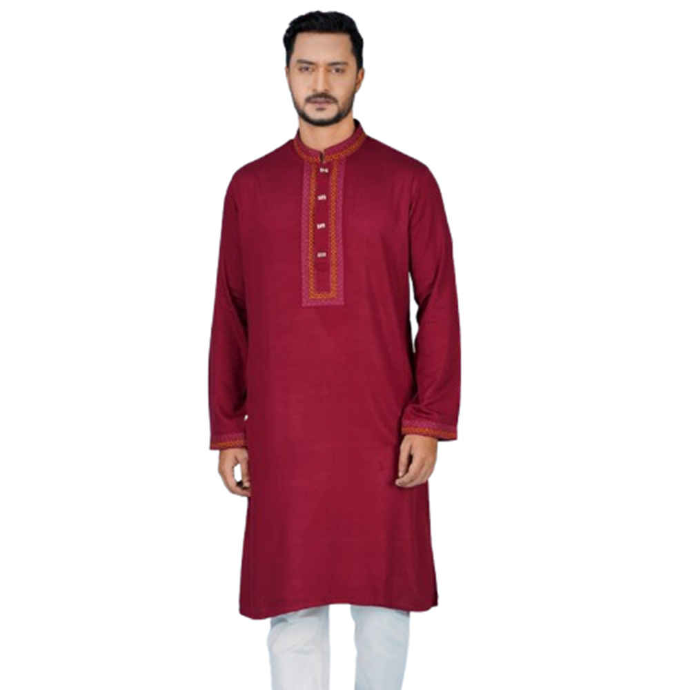 Cotton Embroidery Semi Long Panjabi For Men - Maroon - PM-33