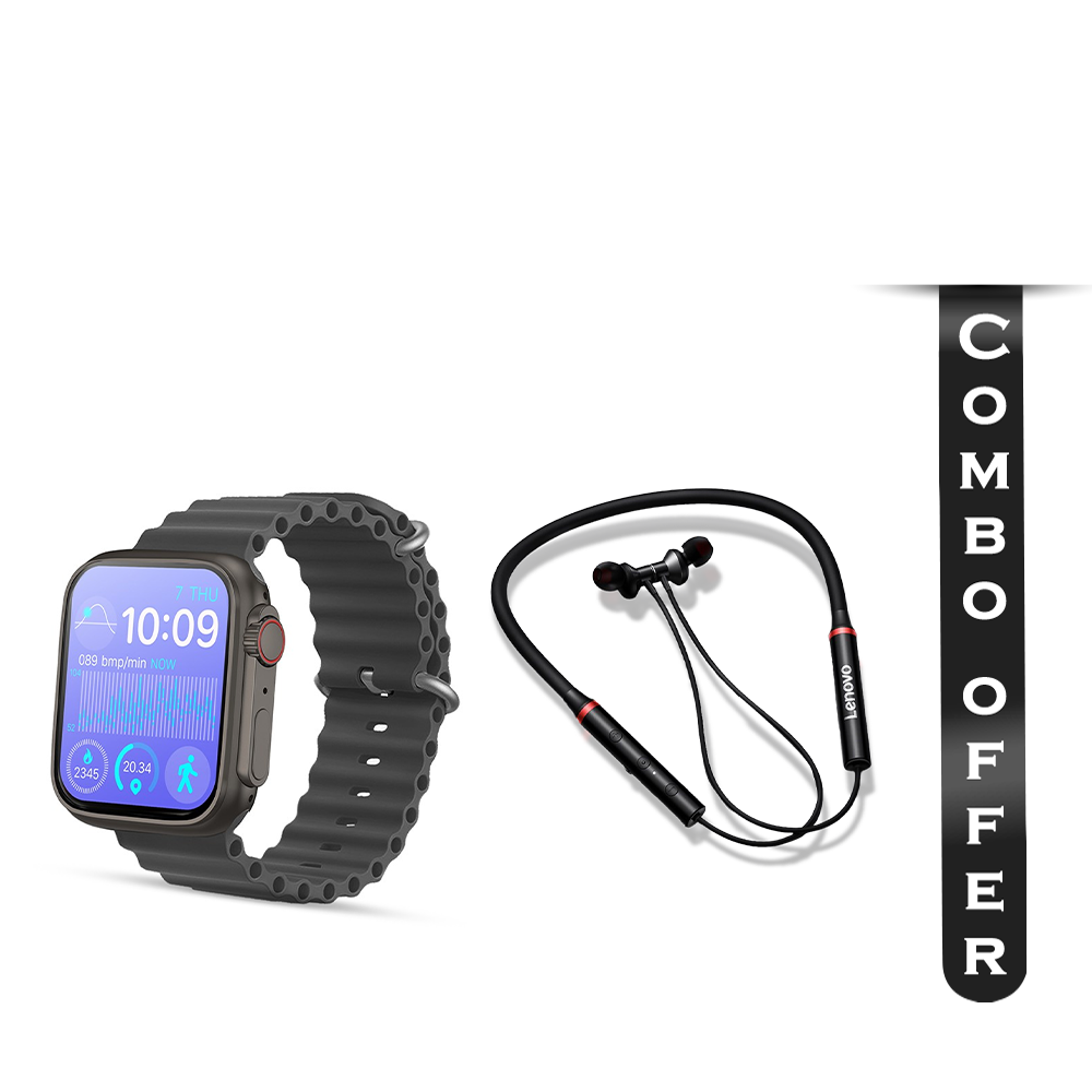 Combo Offer T900 Ultra Smart Watch - Black with Lenovo HE05X Magnetic Neckband Bluetooth Earphone - Black