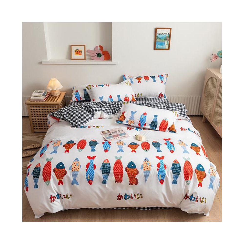  Aloe Cotton King Size Classic Fish Printed Bed Sheet Cover - 4 Pcs Set - White