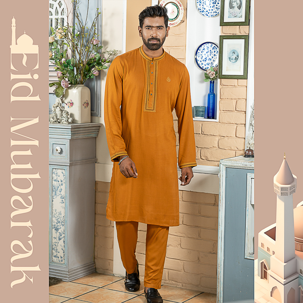 Cotton Panjabi with Pajama For Men - Mustard - 4914