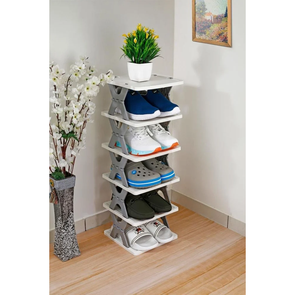 Plastic Glossy 6 Layer Shoe Rack - Grey