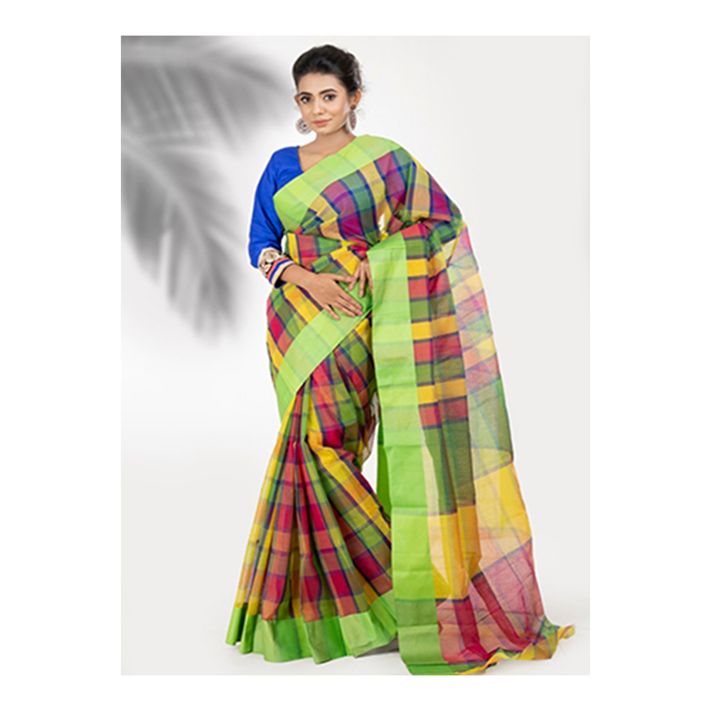 Half Silk Tangail Tant Saree With Blouse Piece For Women - Multicolor - TTS-127