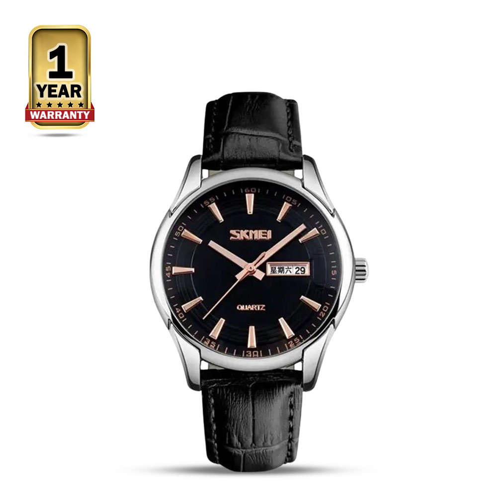 Skmei 9125 Leather Quartz Watch For Men Black