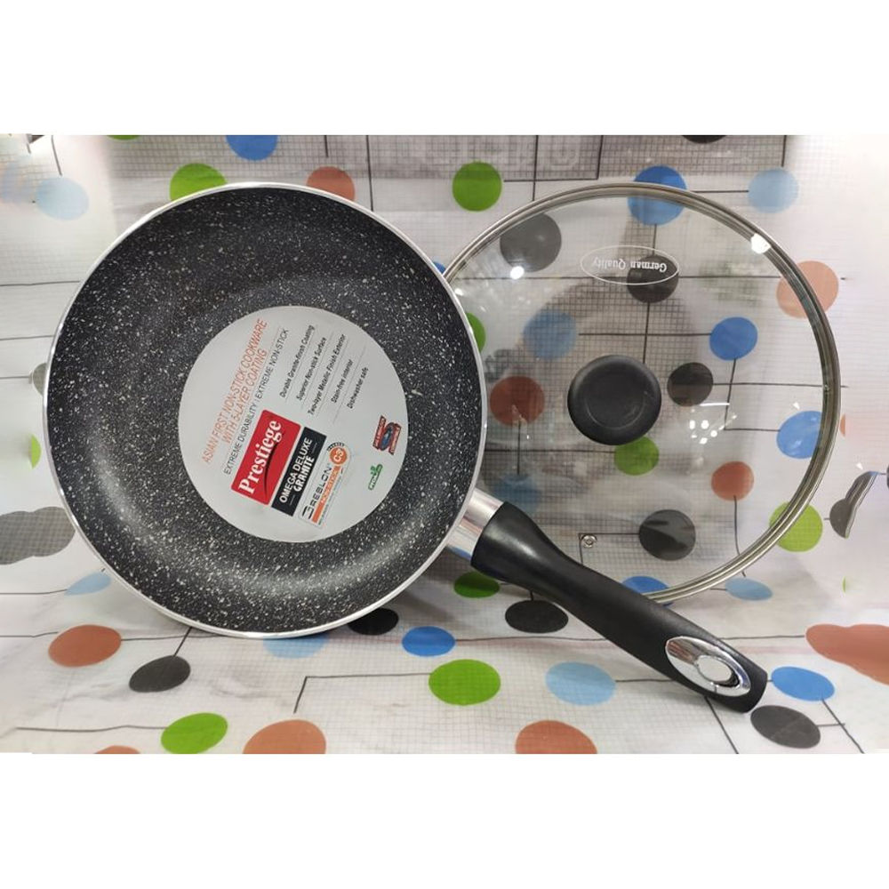Prestige Marble Coating Omega Deluxe Non-Stick Cookware Fry Pan With Lid - 28Cm - Black 
