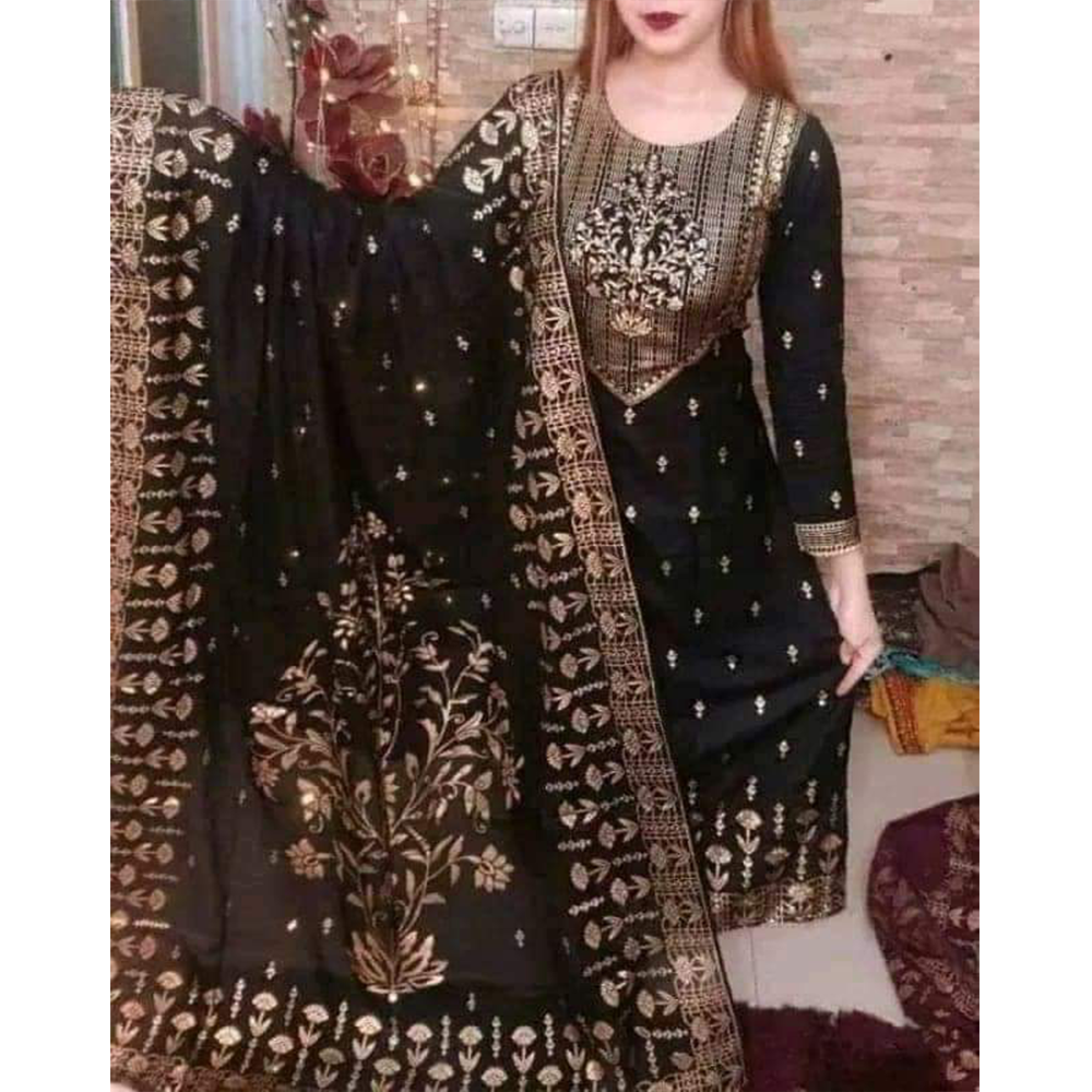 Unstitched Cotton Digital Printed Salwar Kameez For Women - Black - 3N-P3