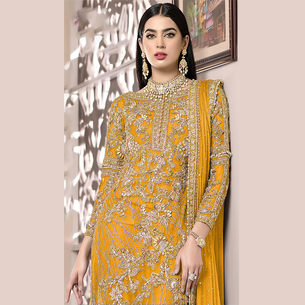 Unstitched Net Embroidered Salwar Suits  For Women - Yellow - DN 2025 E