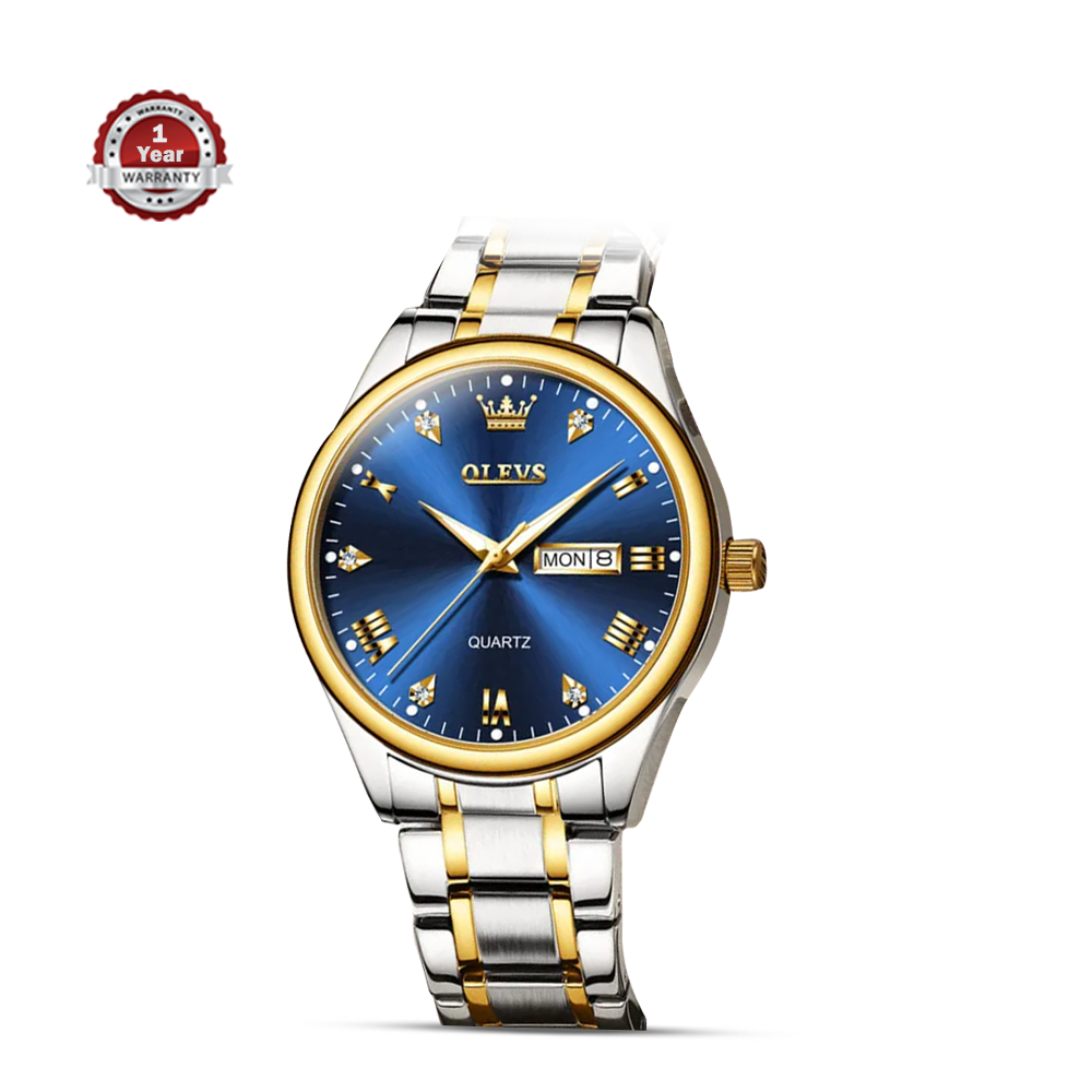 Olevs 5563 Stainless Steel Analog Wrist Watch For Men - Gold Silver And Blue