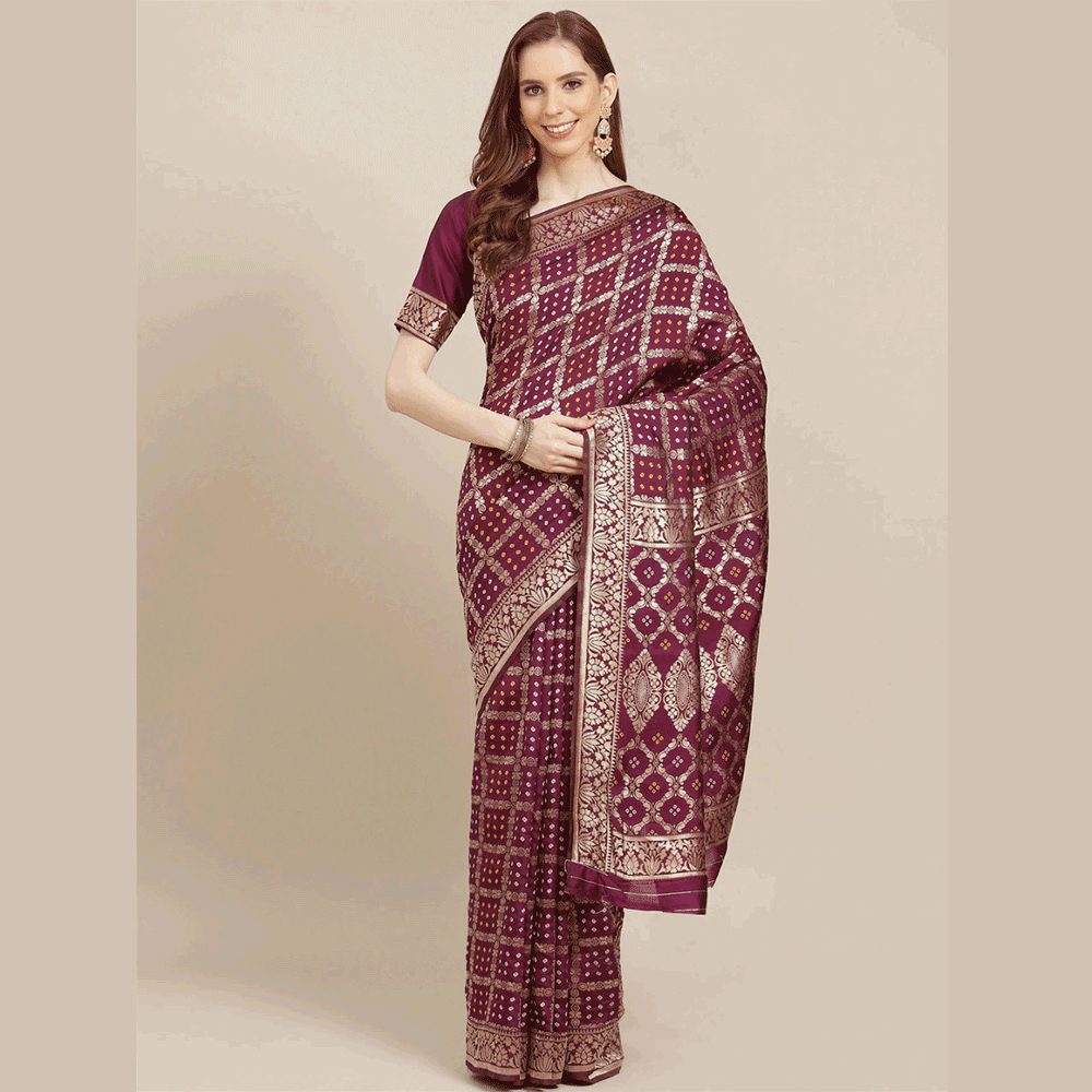 Silk Printed Saree With Blouse Piece For Women - Maroon