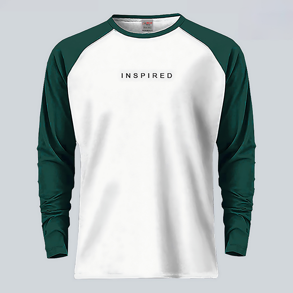 Cotton Full Sleeve T-Shirt for Men - White and Green