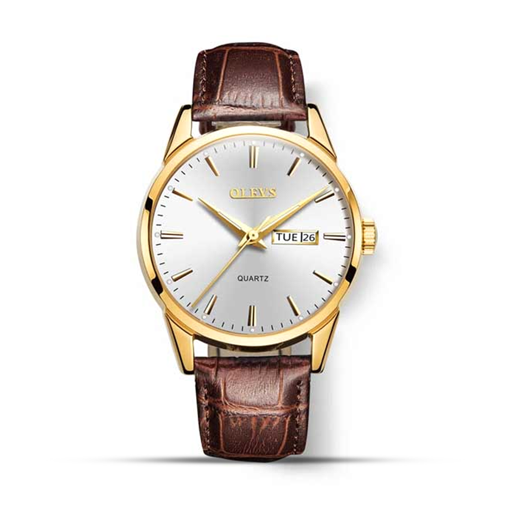 Olevs 6898 PU Leather Wrist Watch For Men - Silver White and Golden
