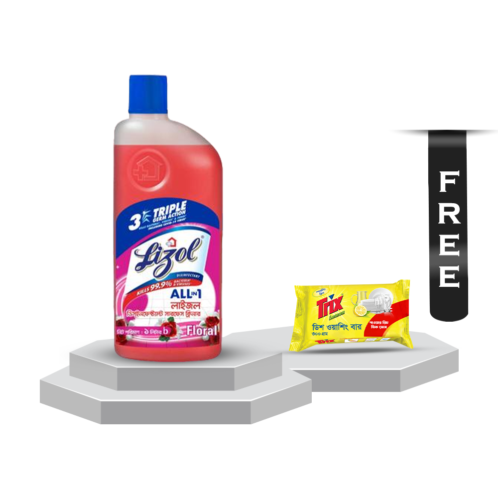 Lizol Floral Disinfectant Surface Floor Cleaner - 1 Liter with Trix Dishwashing Bar - 300gm Free - Li09F