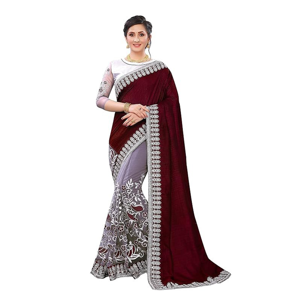 Weightless Georgette Embroidery Worked Saree With Blouse Piece For Women - Maroon - SJ-56