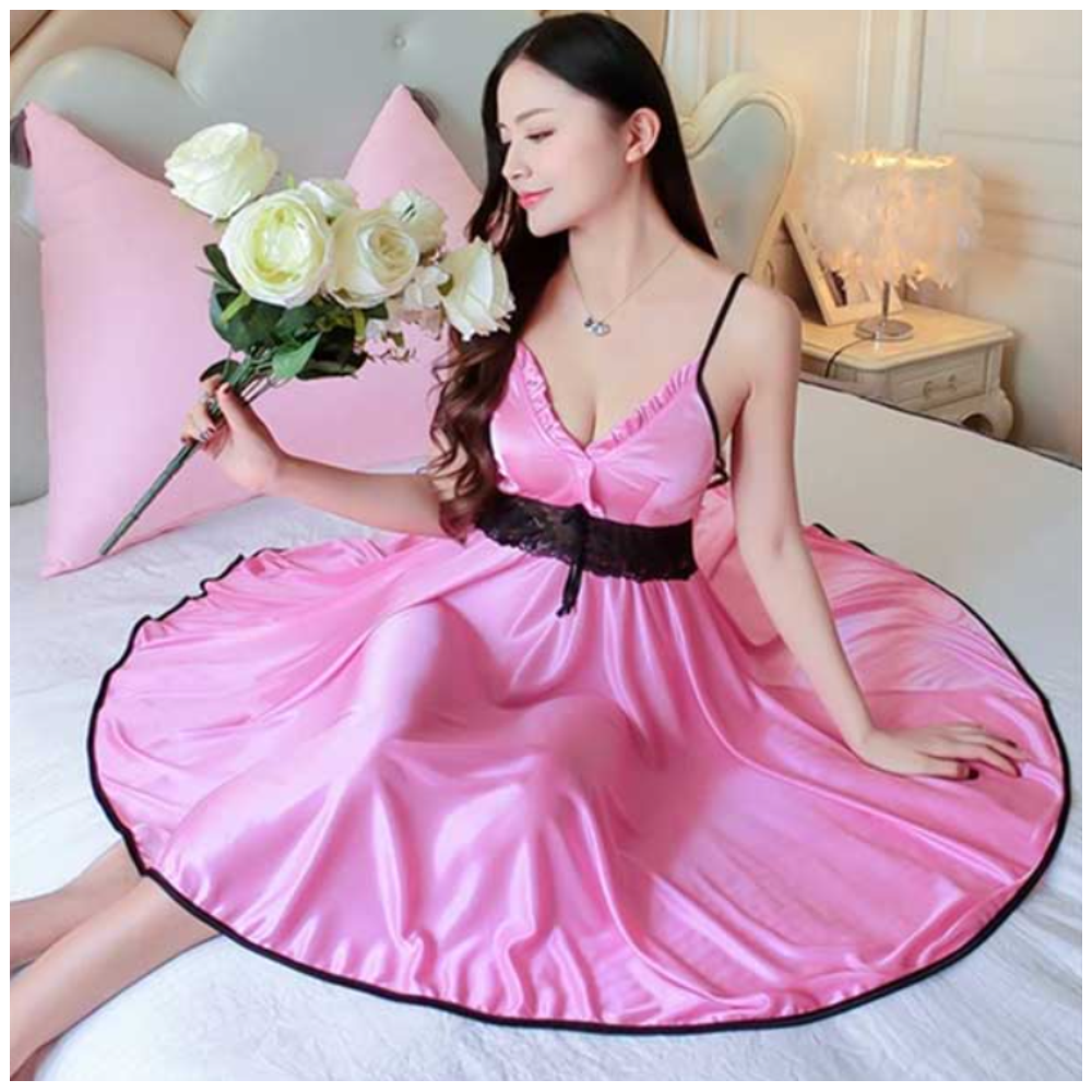 Satin Plain Nighty Dress With Panty - Pink - N_3046