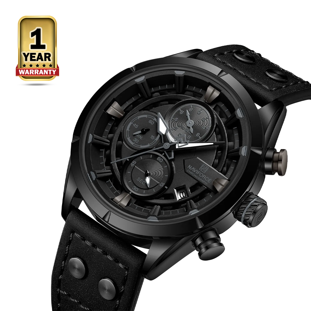 Naviforce 8045 Leather Strap Quartz Movement Watch for Men - Black