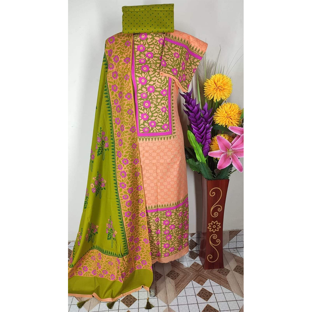 Cotton Unstitched Hand Block Salwar Kameez For Women - Multicolor - 03