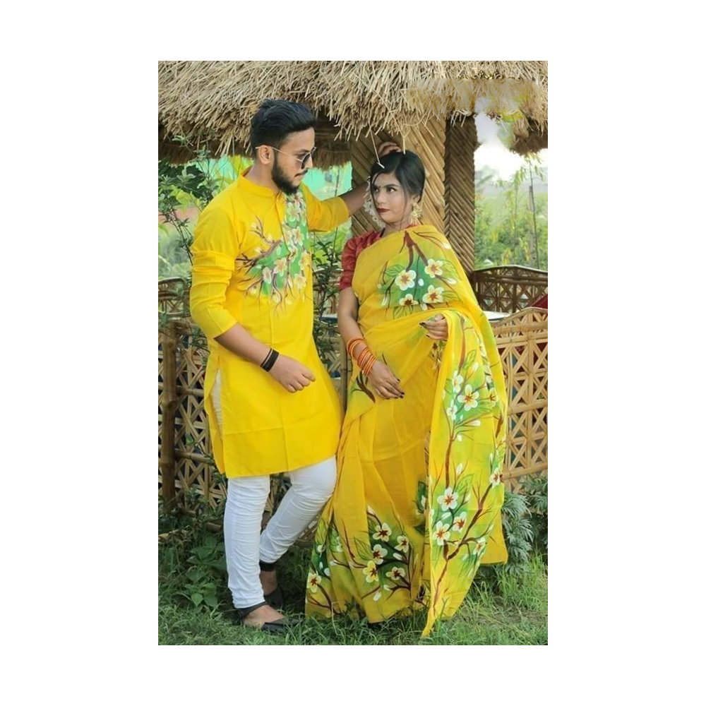 Hand Printed Half Silk Saree and Dhupian Cotton Panjabi For Couple Set - BAN093