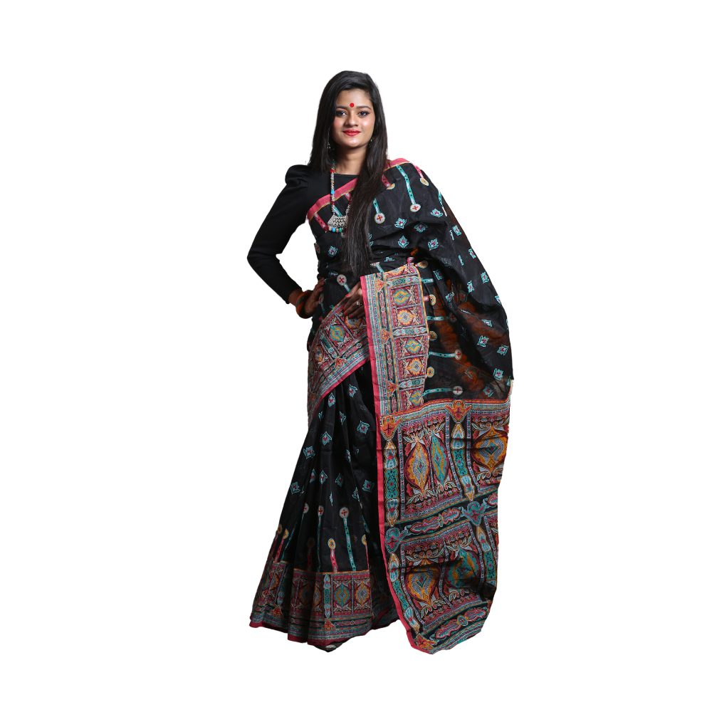 Skin Print Silk Cotton Saree For Women - Black - SC16