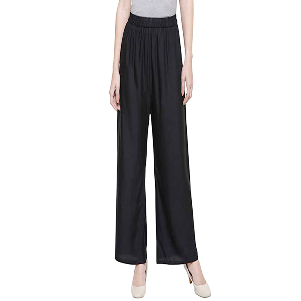 Linen Loose Fit Flared Wide Palazzo Pants For Women - Black