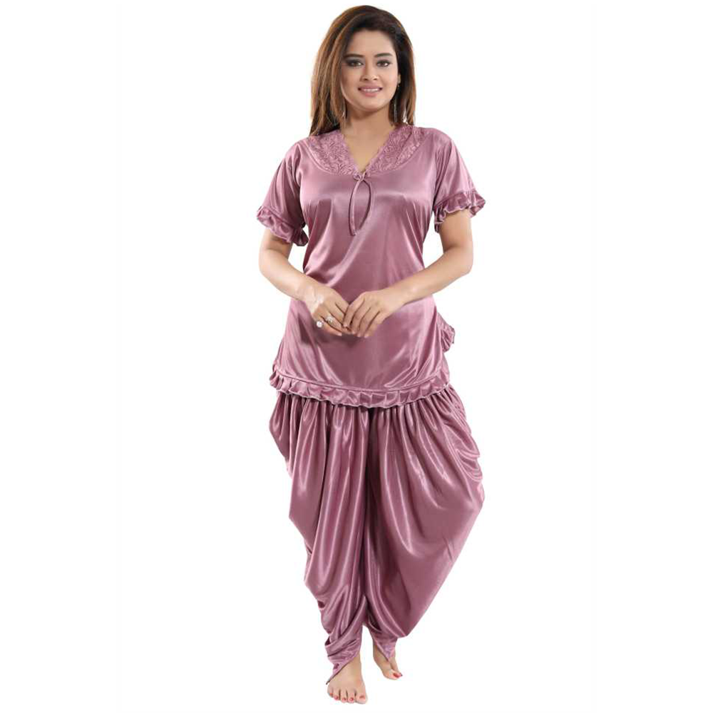 Satin Two Part Night Wear For Women - Jellybean Pink - ND-76