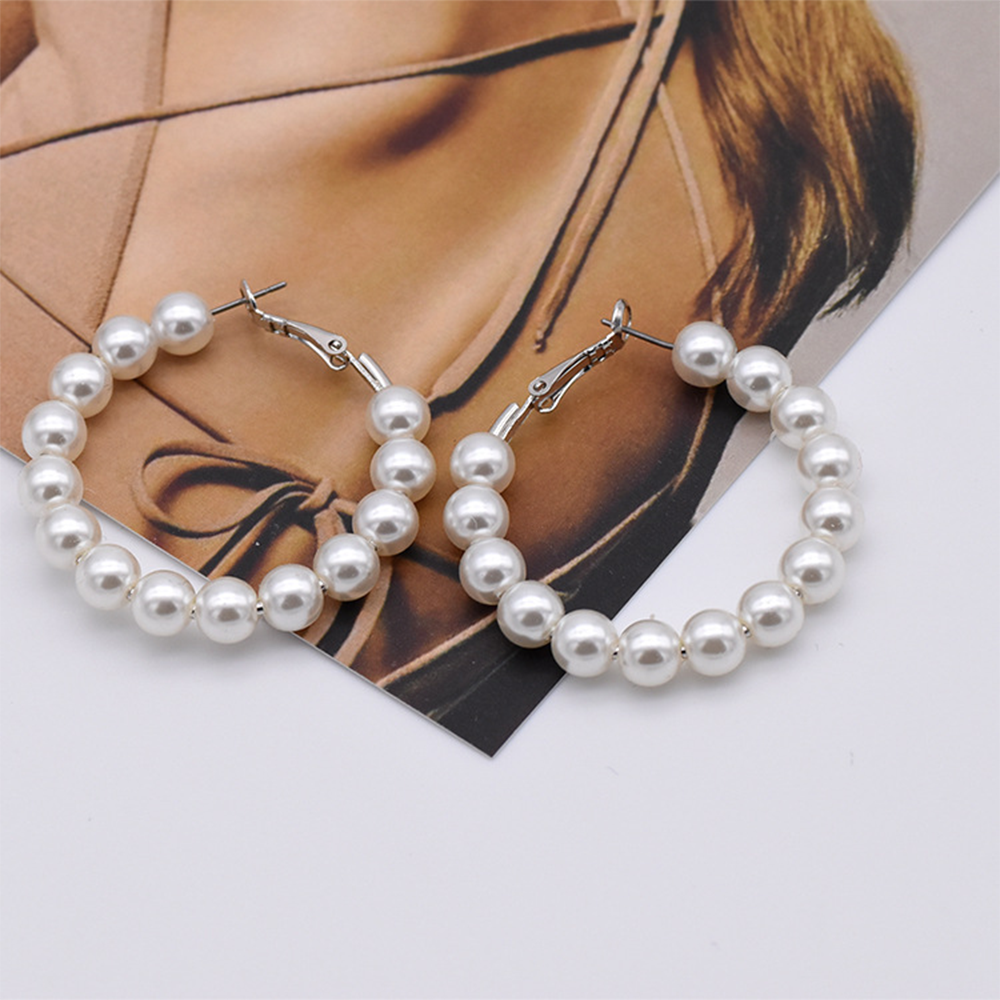Pearl Hoop Big Circle Earrings For Women - White