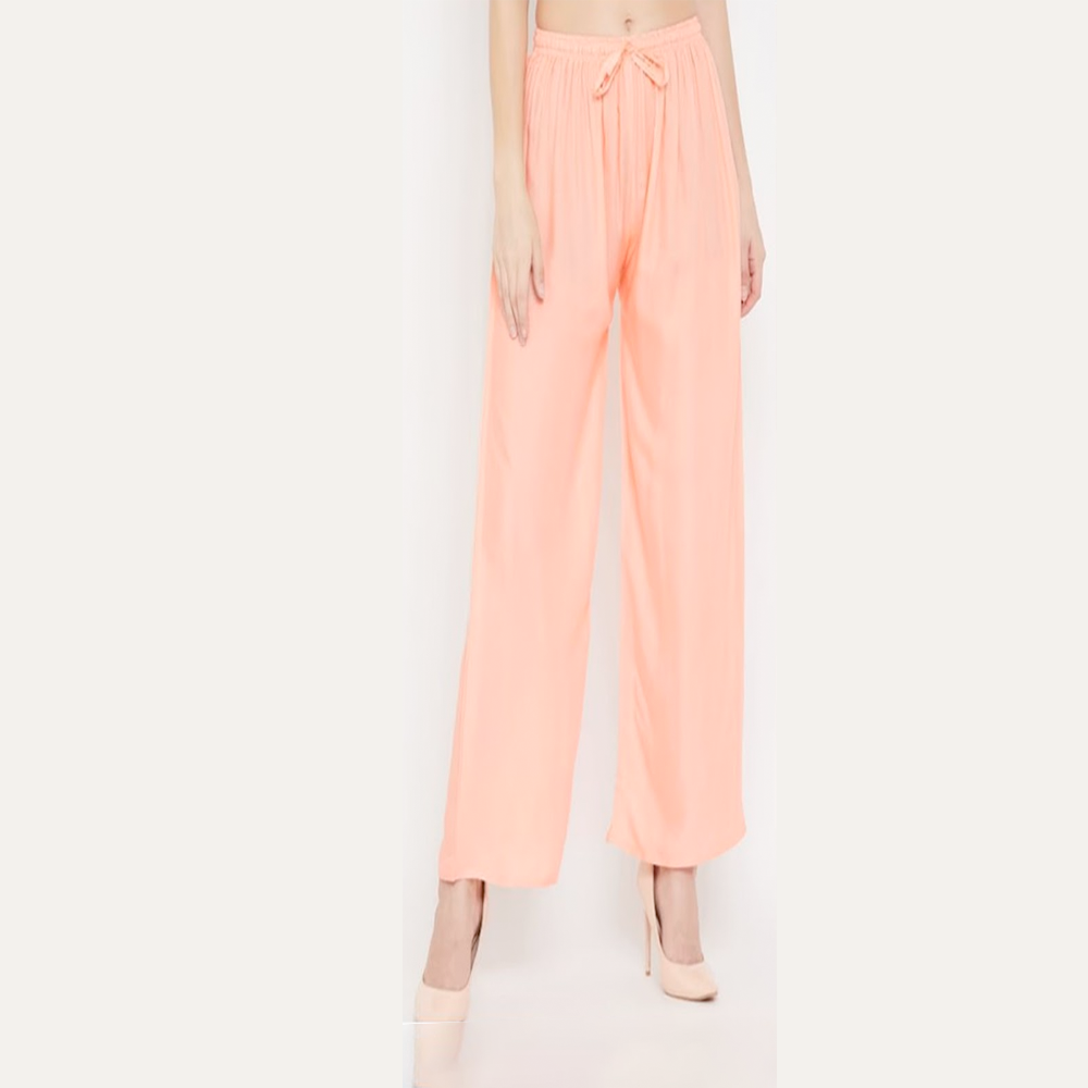 Linen Loose Fit Flared Wide Palazzo Pants For Women - Peach
