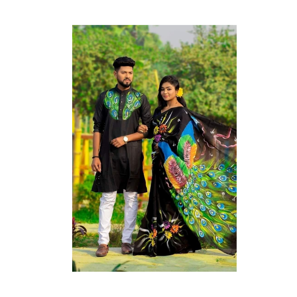 Hand Printed Half Silk Saree and Dhupian Cotton Panjabi For Couple Set - BAN072