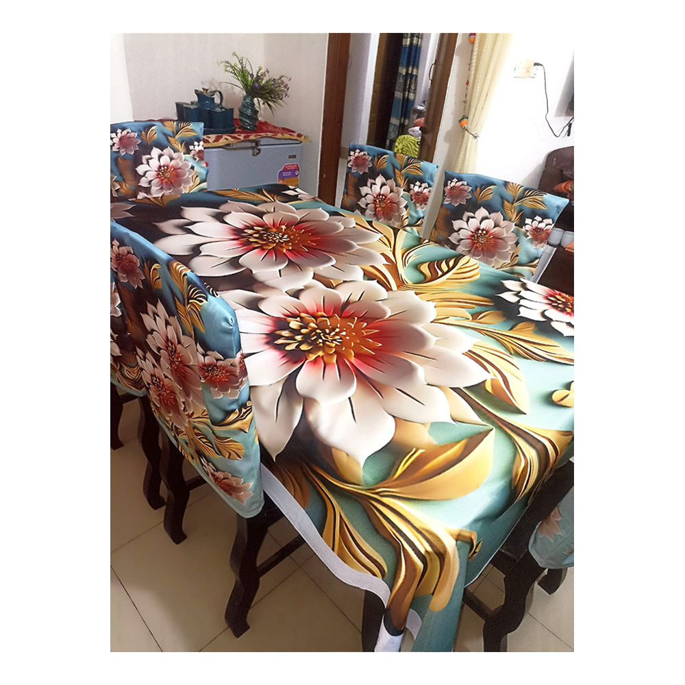 Soft Velvet 3D Print Premium 7 in 1 Dining Table Matt And Chair Cover Set - Multicolor - TC-112