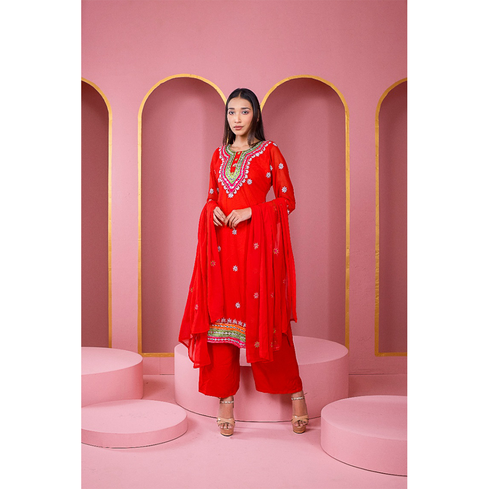 Weightless Georgette Embroidery Readymade Gulbahar Salwar Kameez for Women - Red - HP-M3P-412