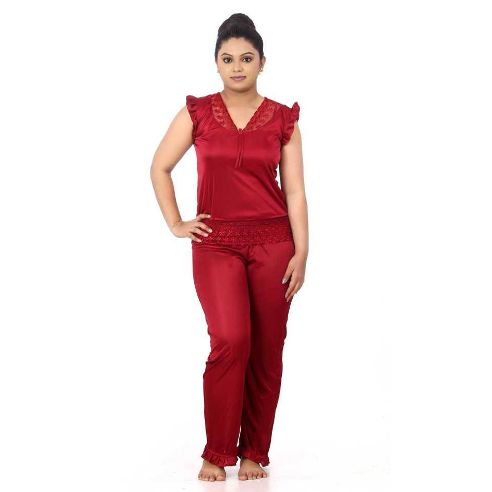 Satin Silk Ready Made Night Suit Set For Women - Red - MZ-553