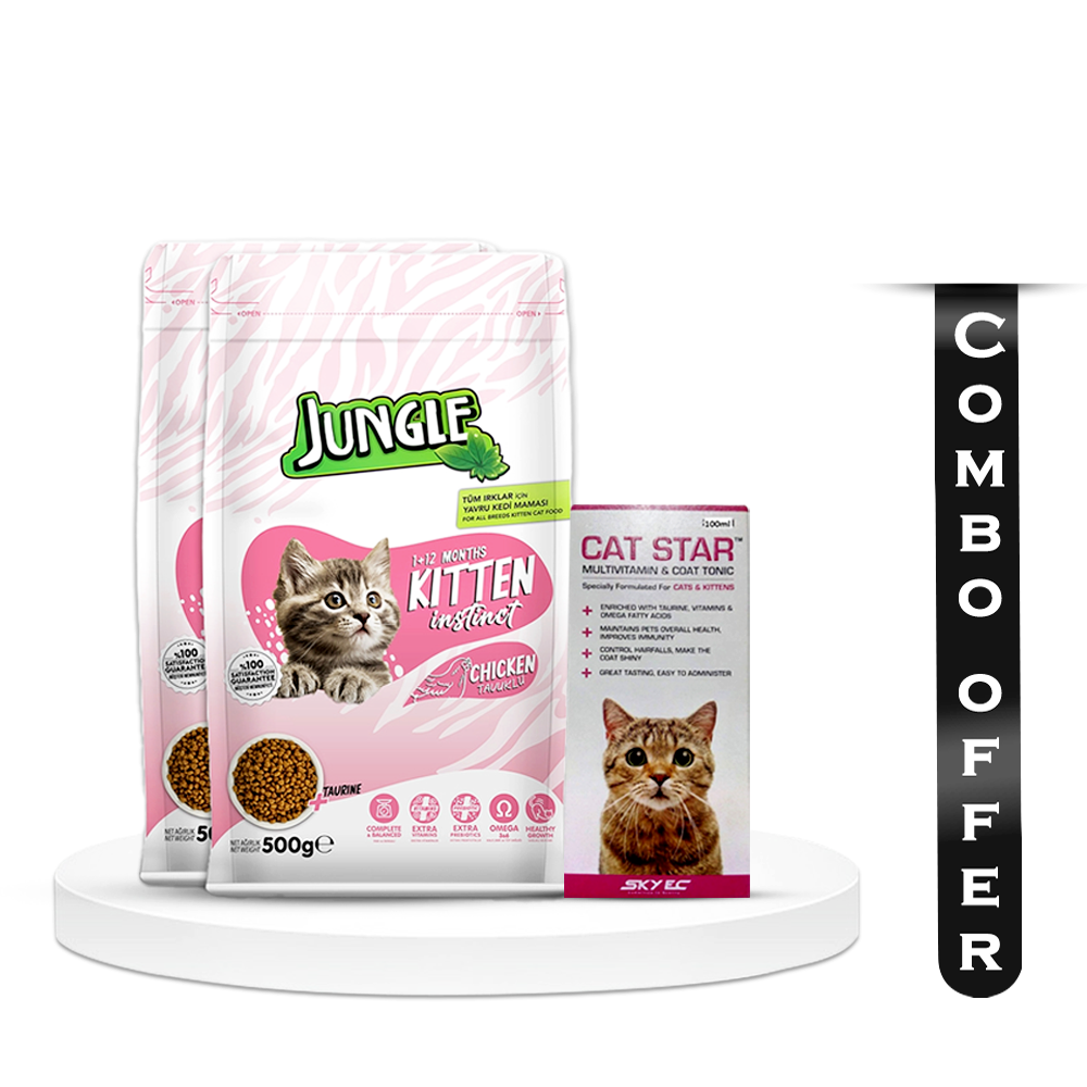 Combo of 2 Pcs Jungle Chicken Flavor Cat Food for Kitten - 500gm and Cat Star Multi-Vitamin and Coat Tonic for Cats And Kittens - 100ml