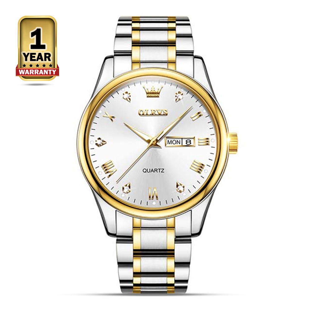 Olevs 5563 Stainless Steel Analog Wrist Watch For Men - Gold Silver And White