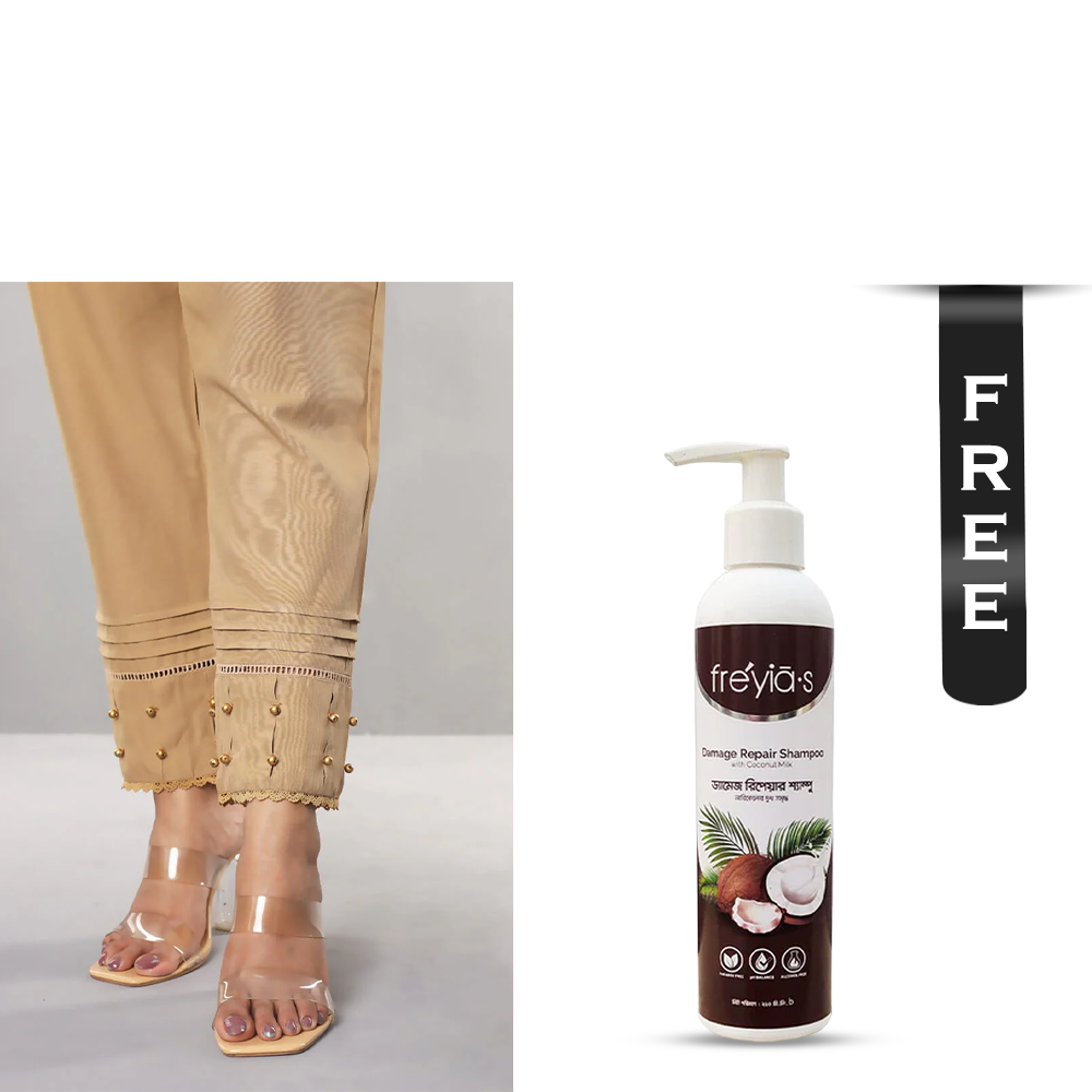 Buy Showstopper Cashmilon Fabric Straight Pleats and Pearl Pant for Women - P03 - Beige and Get Freyias Damage Repair Shampoo with Coconut Milk - 220ml Free