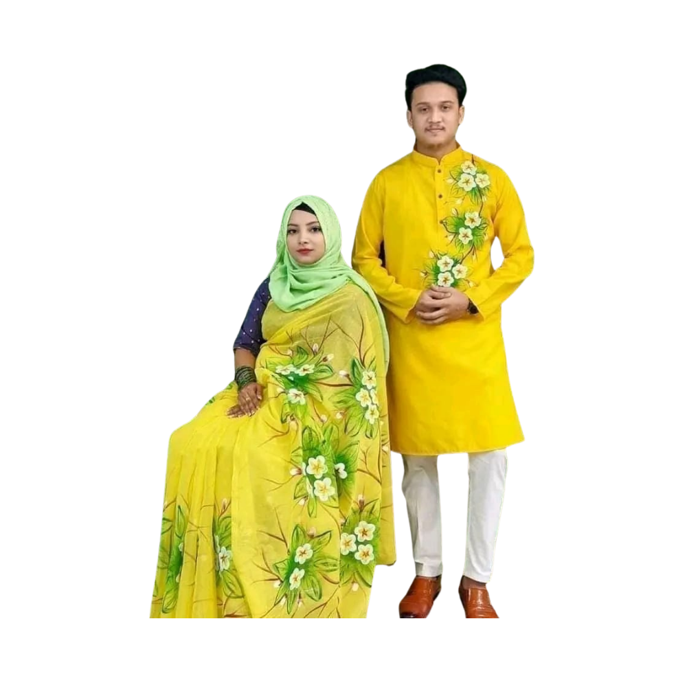 Cotton Silk Saree and Dhupian Cotton Panjabi Couple Dress - Yellow & Lemon Orange - SC83