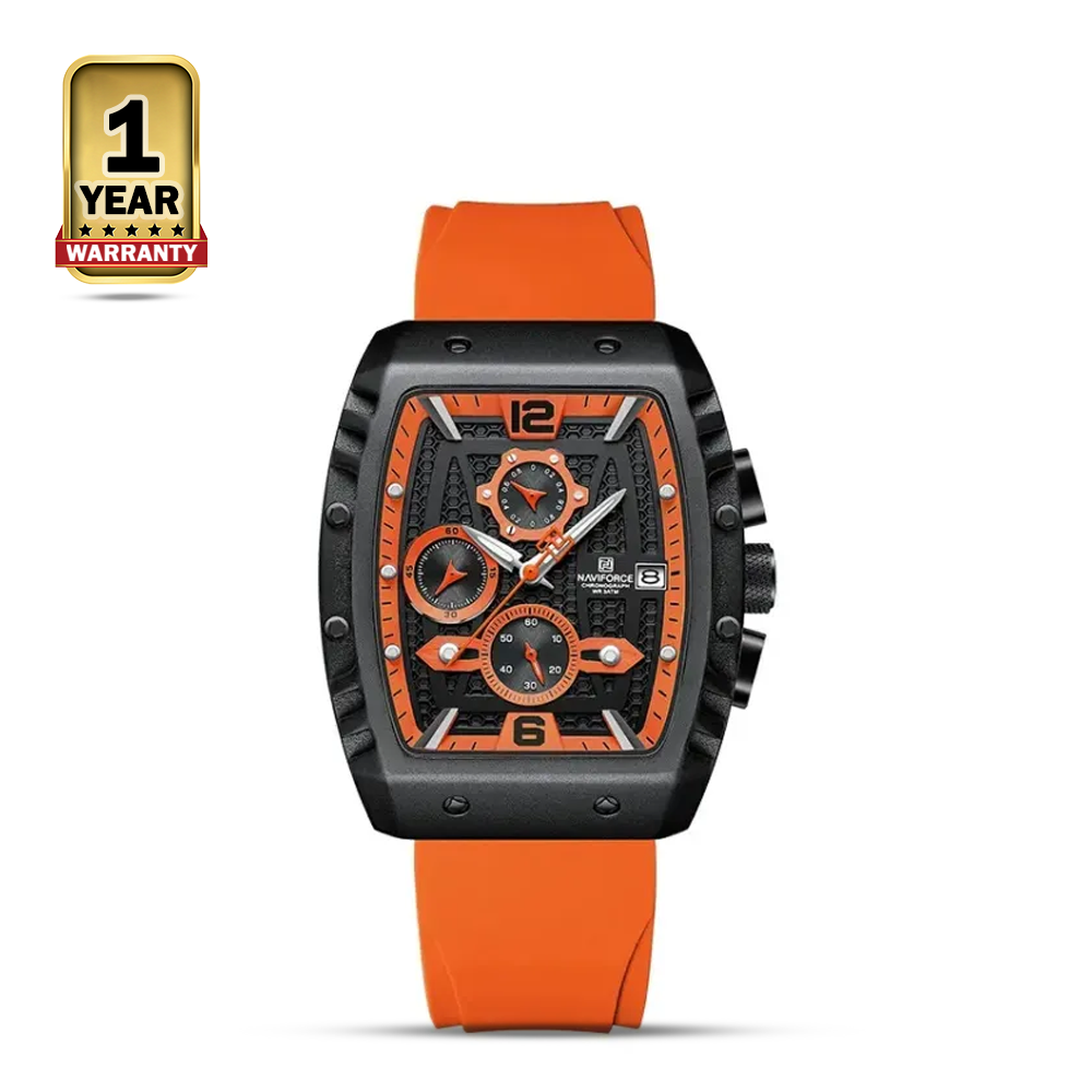 NAVIFORCE NF8025 Quartz Silicone With Square Case Chronograph Sport Wrist Watch For Men -Black and Orange