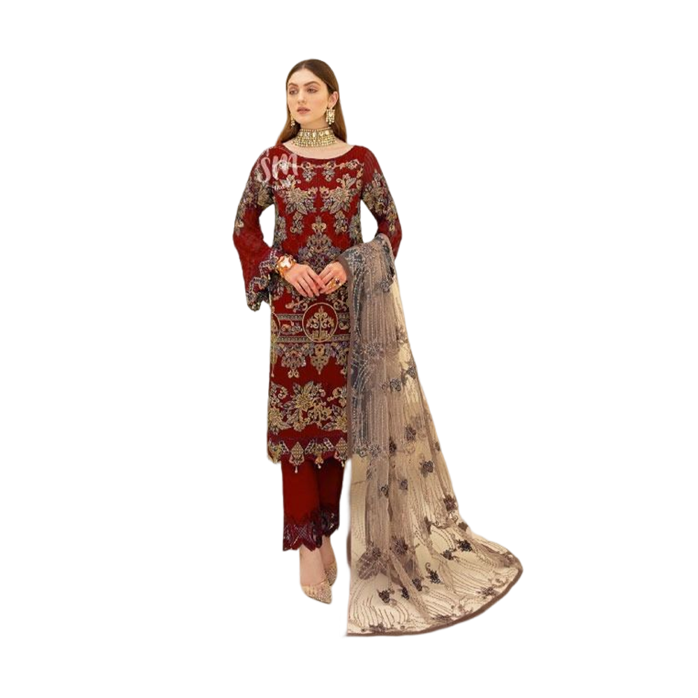 Semi-Stitched Embroidery Work Georgette Three Piece For Women