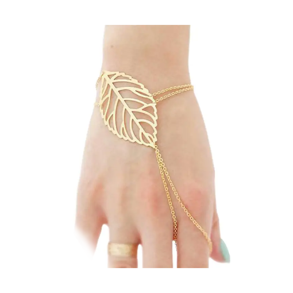 Multi-Layer Hollow Leaf Finger Ring Chain Bracelet For Women - Golden
