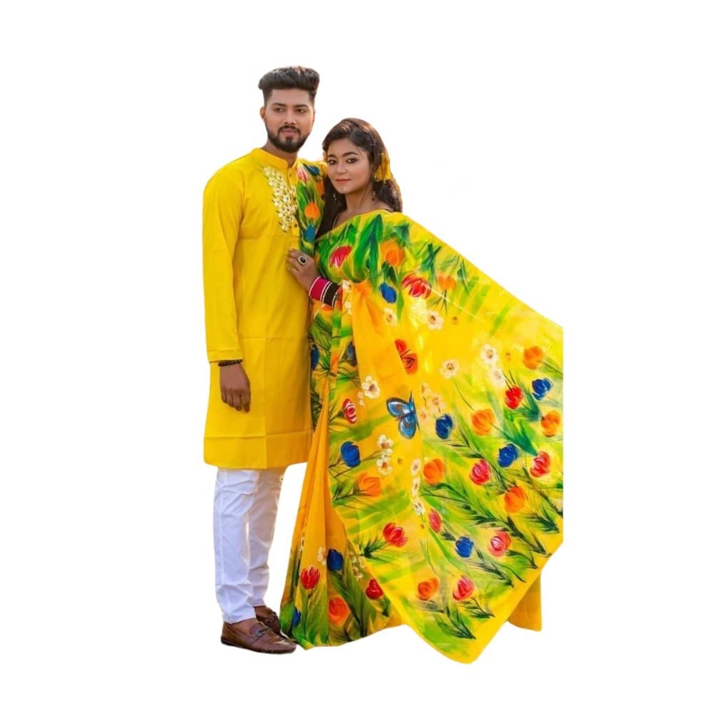 Cotton Silk Saree and Dhupian Cotton Panjabi Couple Dress - Corn Yellow - SC63