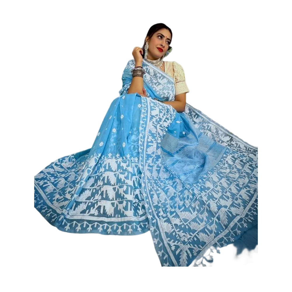 Half Silk Screen Print Saree For Woman - Sky Blue and White