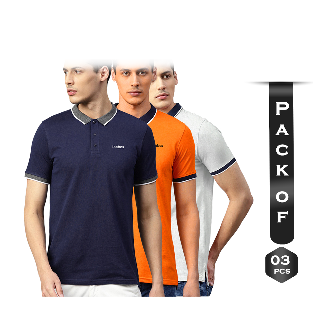 Leebas Pack of 3pcs Pique Cotton Half Sleeve Polo T-Shirt For Men - Navy-Orange-White