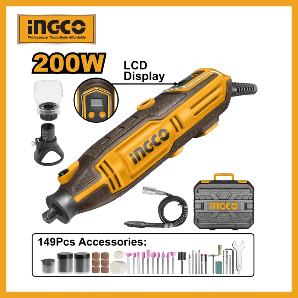 Ingco MG2008 Mini DIE Grinder With LCD Display - 200W - Yellow