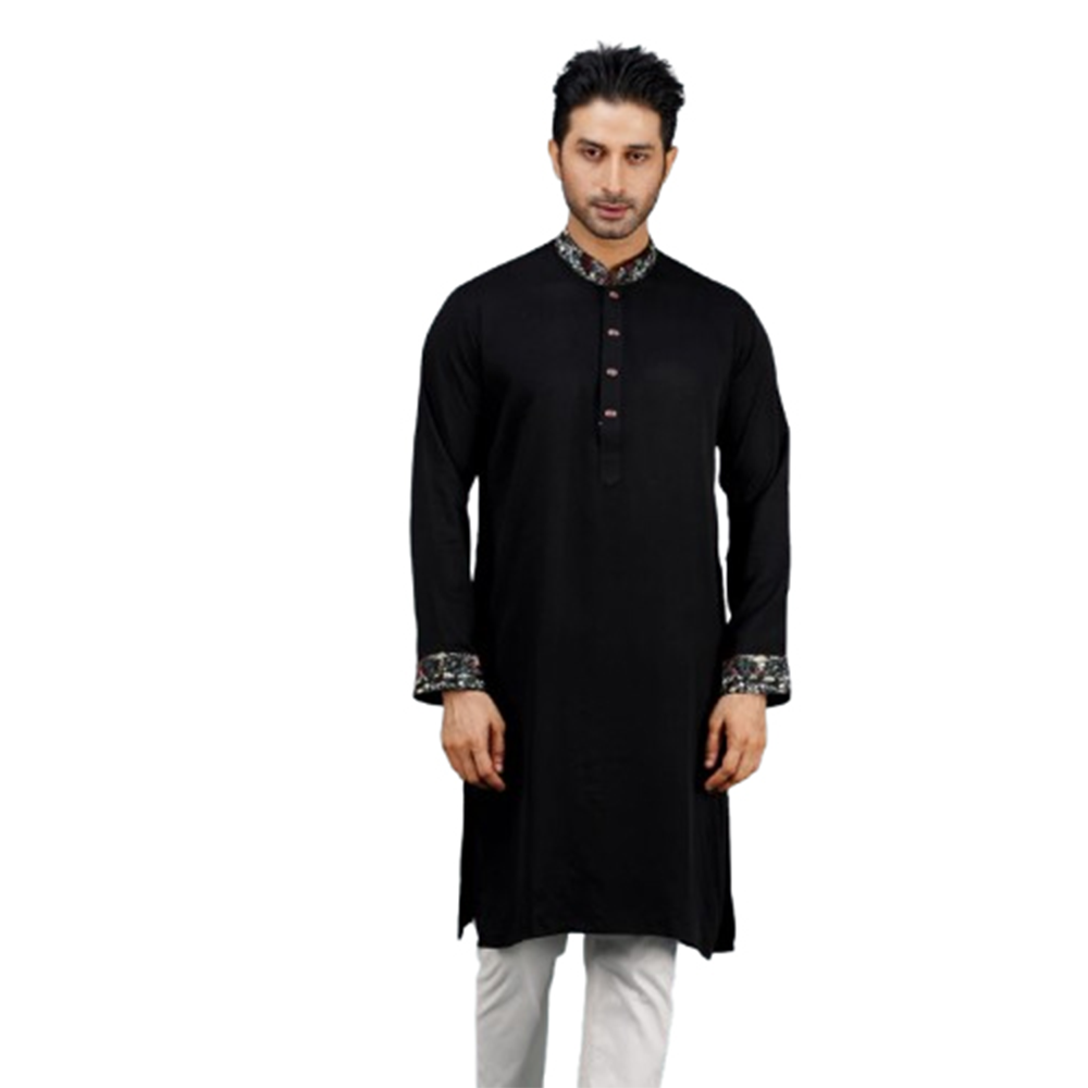 Cotton Embroidery Semi Long Panjabi For Men - Black - PM-19