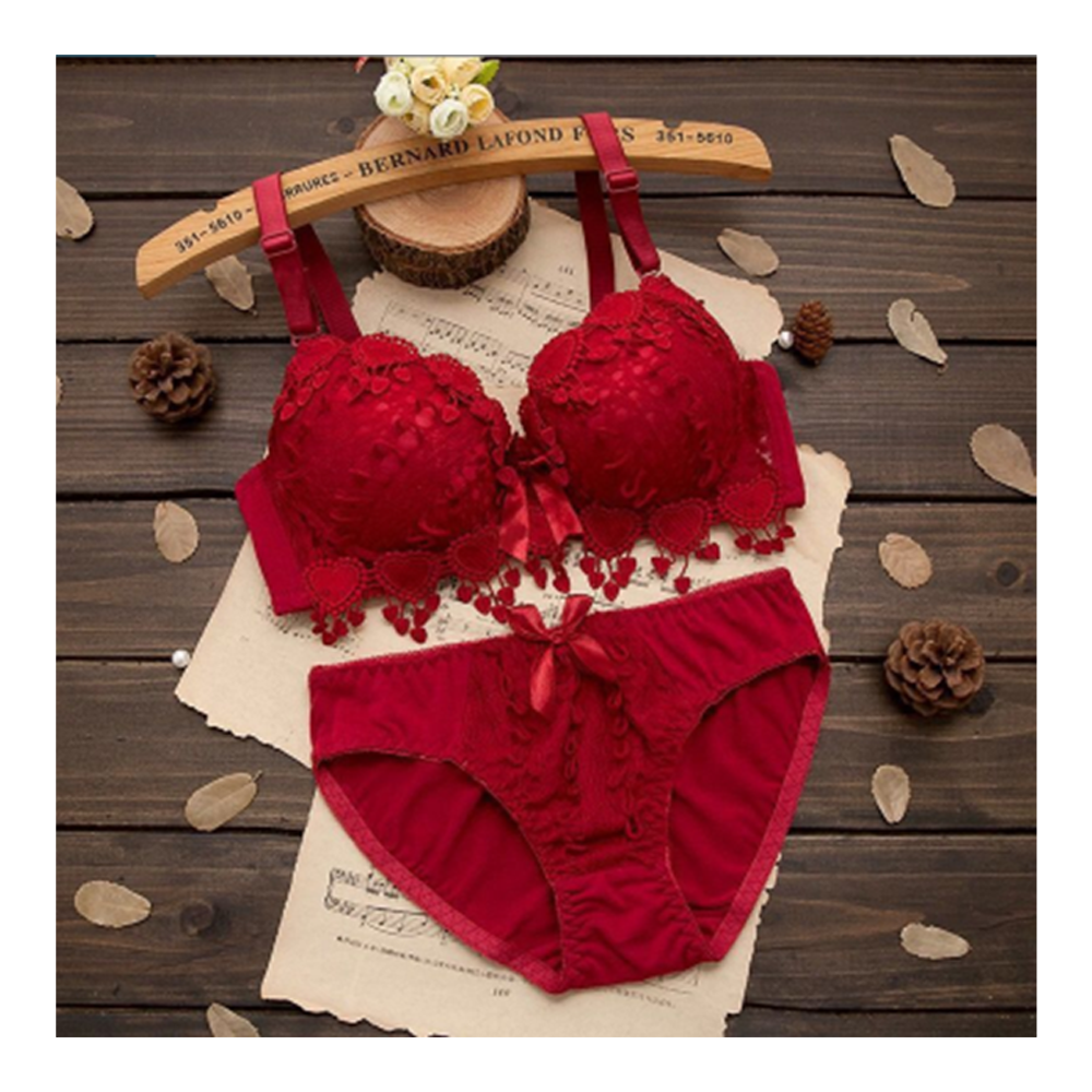 Spandex Floral Lace Push Up Bra and Underwear Set For Women - Maroon -  OCMaroon