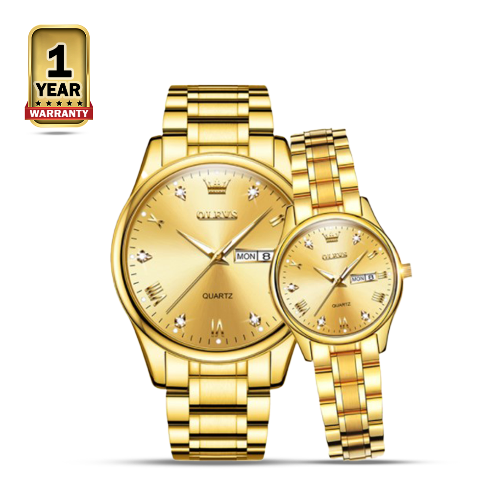 OLEVS 5563 Stainless Steel Analog Wrist Watch For Couple - Golden