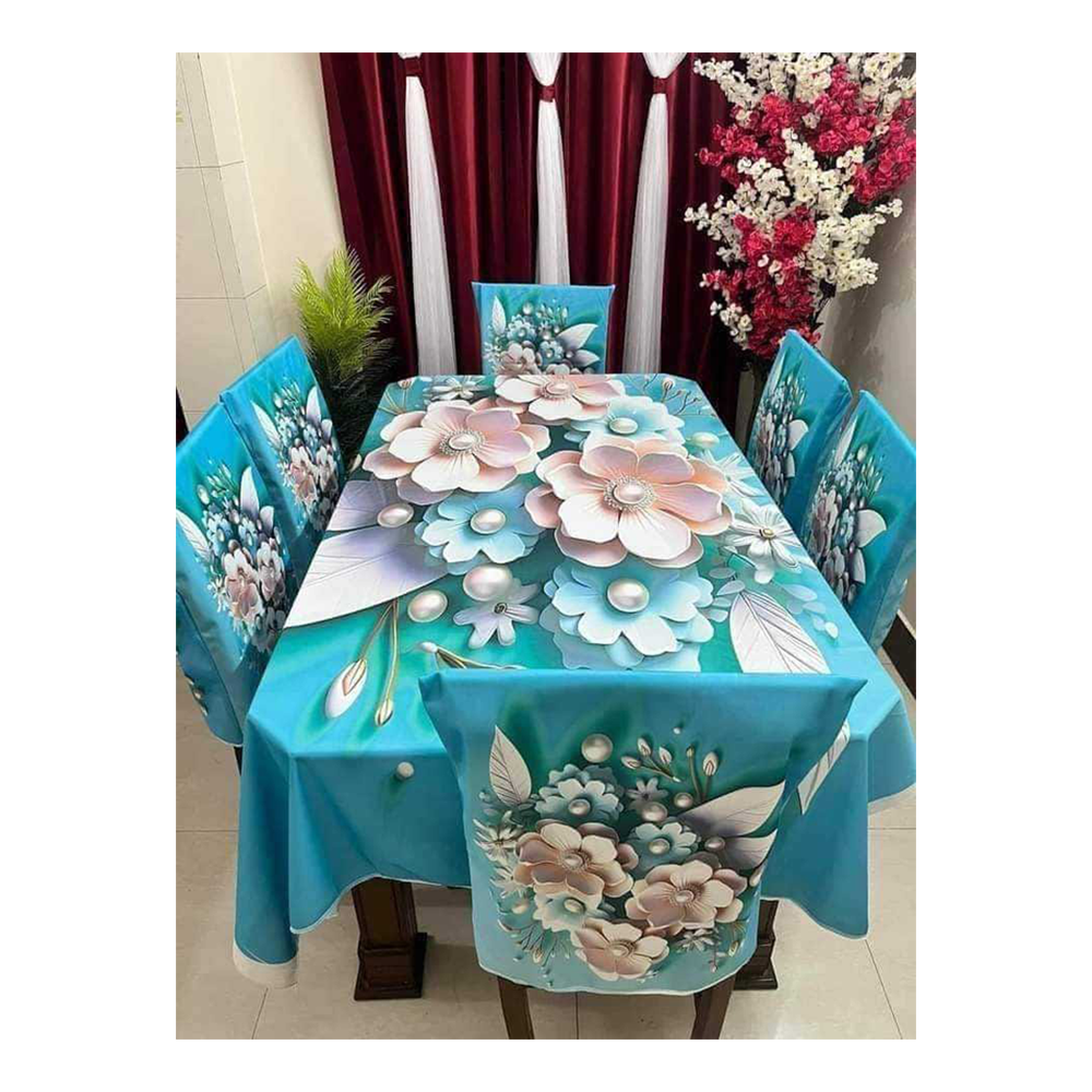 Soft Velvet 3D Print Premium 7 in 1 Dining Table Matt And Chair Cover Set - Multicolor - TC-120