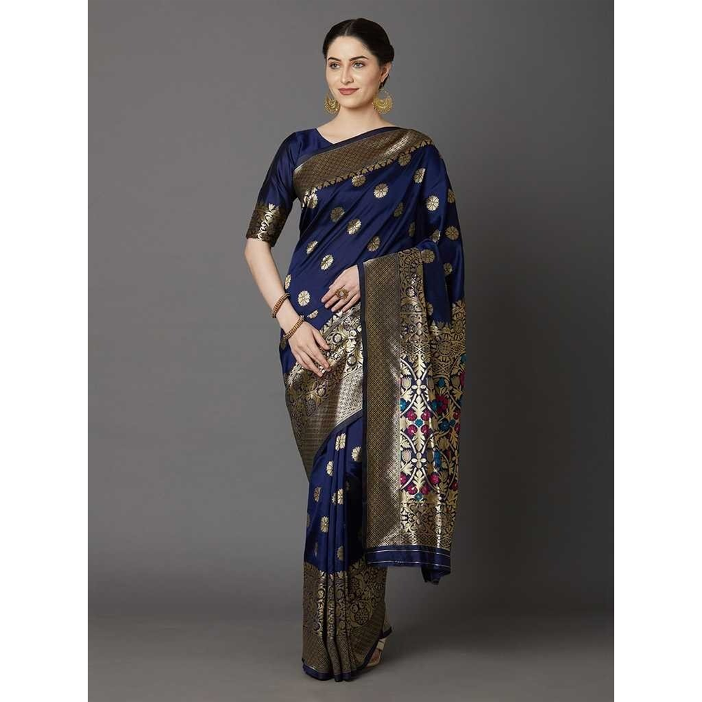 Silk Printed Gorgeous Saree With Blouse Piece For Women - Navy Blue - MN-740