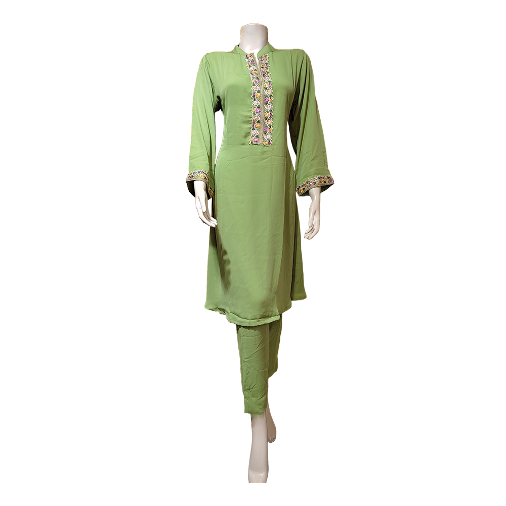 Cherry Georgette Stitched Two Piece for Women - Olive - DG-05