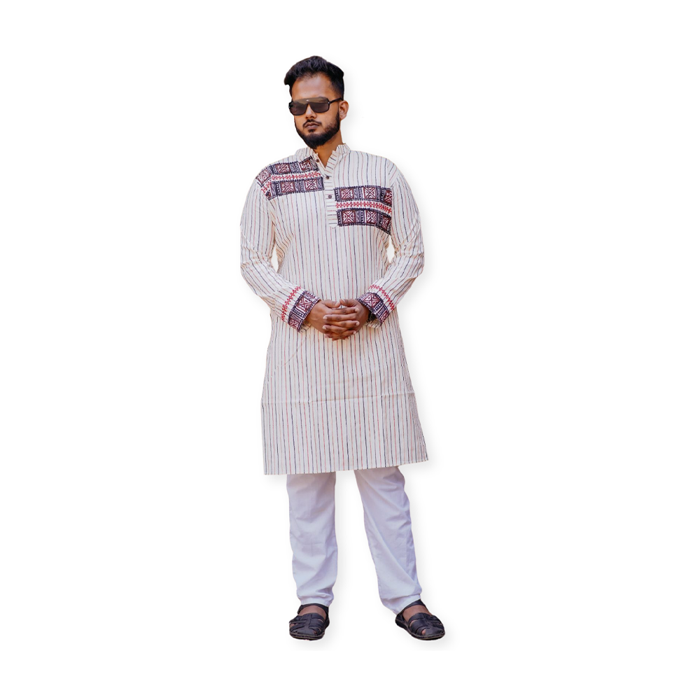 Cotton Stripe Khadi Block Print Panjabi For Man - LS#P103BP